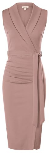 GRACE KARIN Robe Fourreau Femme sans Manches Col Châle Mi-Mollet avec Ceinture Amovible et Fente Élégante Rose 40