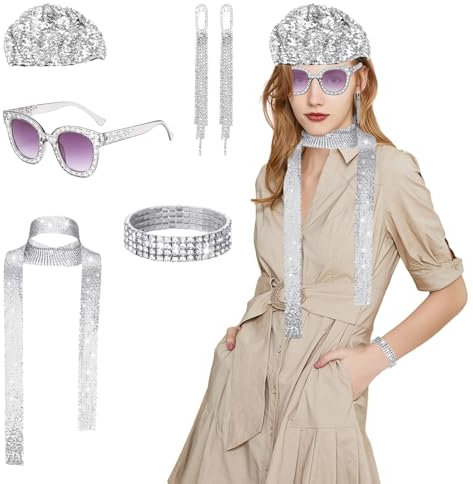 Silkwish 5 Stück Glitzer Disco Accessoires - 70er Jahre Pailletten Kostümzubehör - Bling Baskenmützen Sonnenbrille Schal mit Pailletten - 70er 80er Jahre Outfit Damen für Fasching Karneval - Silber