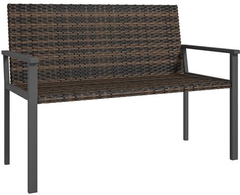 Outsunny 2 Seater Rattan Garden Bench, Outdoor Bench with Quick-Drying Cotton Padding, Wicker Garden Loveseat with Armrests, Steel Frame for Patio, Park, Mixed Brown