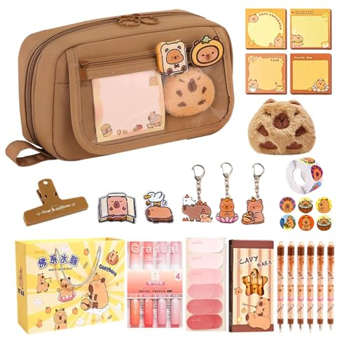 Jlobnyiun Capybara Schreibwaren-Set Capybara - Federmäppchen mit großer Kapazität, Make-up-Pinselaufbewahrung für Studenten, Stiftetui mit Aufklebern, J006 Kapibala 24-teiliges Set, riferimento