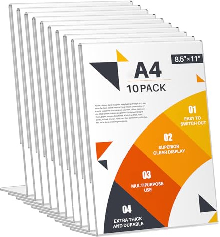 WenYa A4 Acrylic Sign Holder (10 Pack) - Slant Back Clear Tabletop Display Stand for Menus, Posters, Signage | L-Shape Countertop Frame for Office, Restaurant, Retail