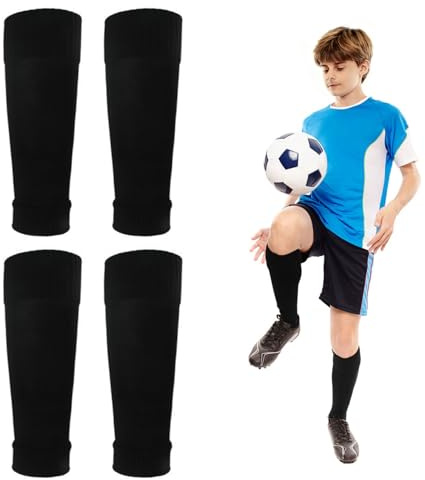 2 Paar Kinder Fußball Stutzen, Fußball Schienbeinschoner Socken, Elastische Fußballsocken Kinder Shin Pads, Atmungsaktiv Sportsocken Sleeves Tubes Fußballstutzen für Fussball Basketball, Schwarz