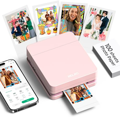 Nelko Fotodrucker für Smartphone, PP01 Mini Fotodrucker, 100 Blatt, Rosa | Tintenstrahl‑Aufkleberdrucker für iOS & Android, mit Bearbeitungs‑App & selbstklebendem Fotopapier, Ideal für DIY und Schule