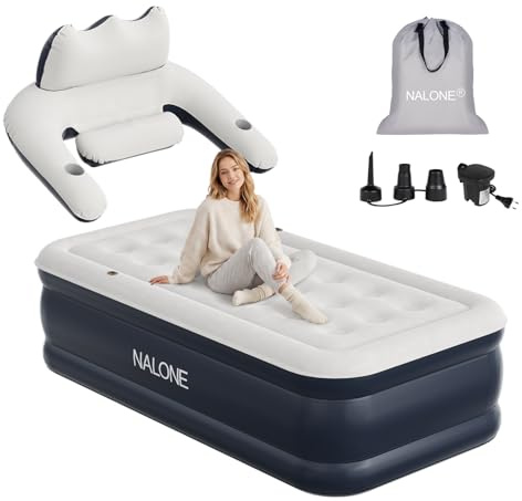 NALONE Materasso Gonfiabile Singolo Con Pompa Integrata Testiera Integrata | Letto Gonfiabile Singolo Autogonfiante, Materasso Per Campeggio e Letto Ospiti 190x100x46cm