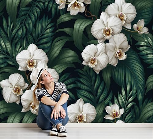Orchideen Palmenblätter Wandtapete Fototapete, Tropischer Retro-Stil Dekoration Wand-Dekor, Tapete Panorama Poster Für Schlafzimmer Wohnzimmer 200x140cm XXL Design Tapete Fototapeten