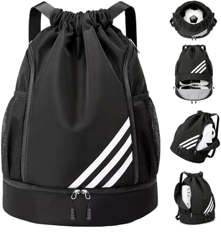 Schwarz wasserdichter Sportrucksack mit Kordelzug, Schuhfach & Flaschennetz | Fussballtasche, Turnbeutel wasserdicht, 43×34×15cm Schwimmrucksack für Erwachsene Jugendliche, geeignet Sport sowie Reisen