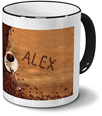 printplanet Tasse mit Namen Alex - Motiv Kaffeebohnen - Namenstasse, Kaffeebecher, Mug, Becher, Kaffeetasse - Farbe Schwarz