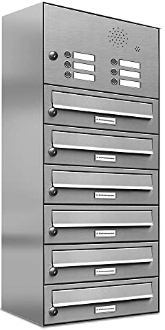 AL Briefkastensysteme 6er Briefkastenanlage mit Klingel, Edelstahl, Premium Briefkasten DIN A4, 6 Fach Postkasten modern Aufputz