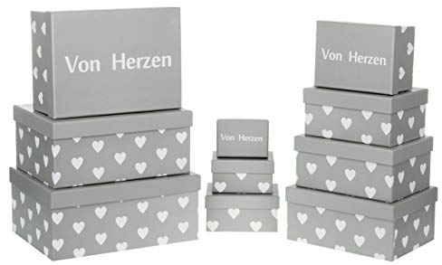 Brandsseller 10er Geschenkbox Set mit Deckel – Aufbewahrungsboxen aus stabilem Karton mit Herzen – Deckel Schriftzug Von Herzen – Hochwertige Dekoboxen für Geschenke Deko & Ordnung Grau/Weiß