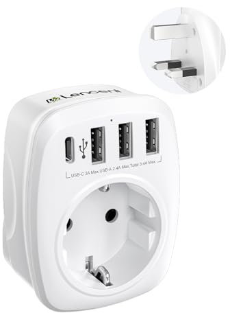 LENCENT Adattatore Presa UK da Viaggio, Adattatore Universale Spina Inglese, Caricatore Spina UK 3 USB e 1 Tipo C, Europea da 2 Pin a GB 3 Pin per Irlanda, Regno Unito, Scozia, Singapore (Tipo G)