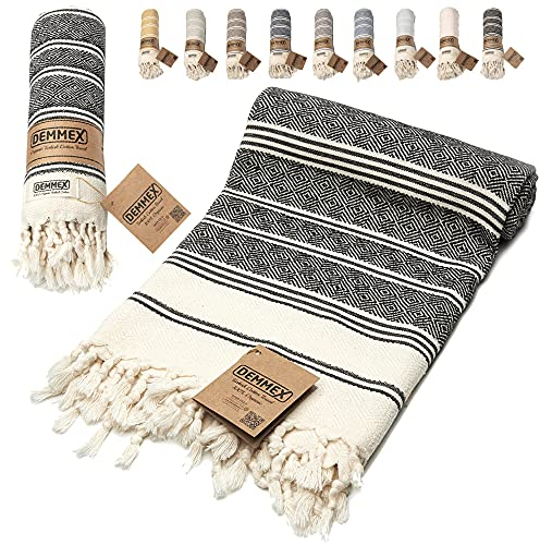 DEMMEX Organic Turkish Cotton Beach Bath Hammam Towel – Quick-Dry, Lightweight, Compact, Sand-Free Beach Towel & Blanket – Luxury Bathroom & Hammam Towel Peshtemal, OEKO-TEX Certified, 180x90cm, Black
