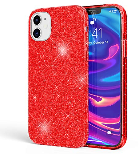 NALIA Glitzer Handyhülle kompatibel mit iPhone 12 Mini Hülle, Bling Silikon Cover Glitter Case Bumper Phone Etui Glänzend, Diamant Backcover Handy-Tasche Schutzhülle Diamond Skin, Farbe:Rot