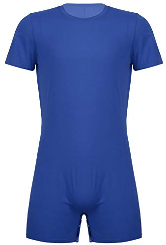 Alvivi Herren Body Overall Kurzarm T-Shirt Hemd Tops Einteiler Männerbody mit Druckknöpfe im Schritt Slim Fit Unterhemd Boxershorts A Blau XXL