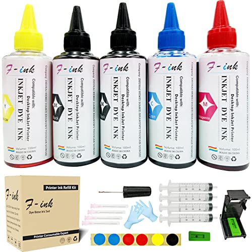 F-INK 5 x 100 ml Flaschen Tinte und Tinte Nachfüllwerkzeuge kompatibel mit HP Tintenpatrone 303 305 307 21 22 338 339 343 901 303XL 305XL 307XL