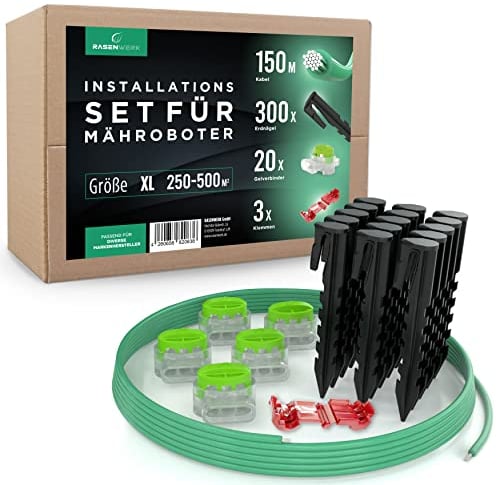 RASENWERK Begrenzungskabel Installationsset für Mähroboter - 300 Erdnägel mit patentierter Form - 20 Verbindungsklemmen - 150m Universal Begrenzungskabel für Rasenroboter - 3 Anschlussklemmen