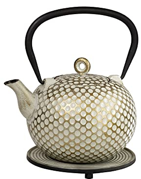 Frieling Ja by Dim Théière en fonte avec infuseur et dessous de plat en acier inoxydable – Bouilloire à thé pour cuisinière – Bouilloire à thé avec infuseur – Théière – Cuisinière – Blanc/doré 963,9 g