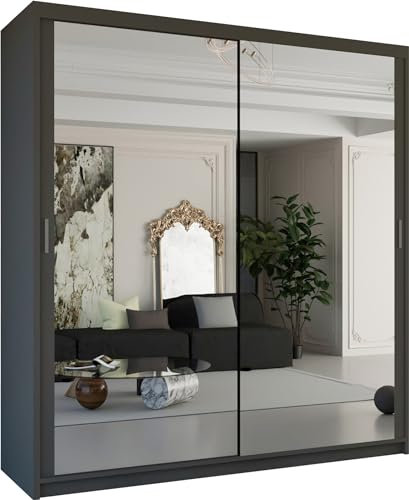 MN Furniture Modern Double Sliding Door Wardrobe 2 Mirrored Hanging Rails & Shelves Storage Cabinet for Bedroom (180cm, Houston Grey)