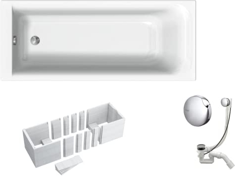 VBChome Badewanne 170x75 cm Geberit Acryl SET Wannenträger Siphon Wanne Rechteck Weiß Design Modern Styroporträger Ablaufgarnitur in Chrom