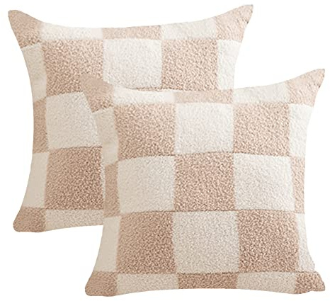 NIDITW Kissenbezüge mit Schachbrettmuster, ultraweich, Mikrofaser, kuschelig, flauschig, für Zuhause, Sofa, Couch, 2 Stück, Khaki, ca. 45 x 45 cm