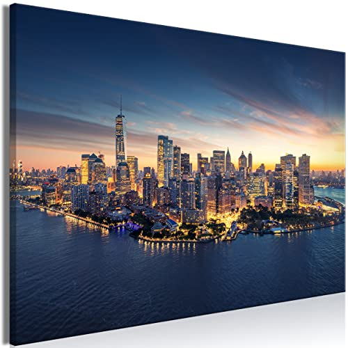 decomonkey Bilder New York 90x60 cm 1 Teilig Leinwandbilder Bild auf Leinwand Vlies Wandbild Kunstdruck Wanddeko Wand Wohnzimmer Wanddekoration Deko Haus Manhattan Stadt Nacht Sonnenuntergang Blau