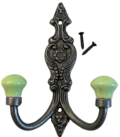 Thorness CAST Iron French Style Double Ornate Hooks | Lime Green Ceramic Ball Tops | Cloakroom Hook | Decorative Double Hook, hat and Coat Hook