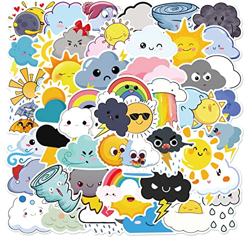 50Pcs Weather Signs Stickers for Kids Teens, Kawaii Sun Rainbow Rain Thunderstorm Tornado Stickers, Vinyl Waterproof Weather Symbols Decals for Water Bottles, Laptops, Journals, Skateboards