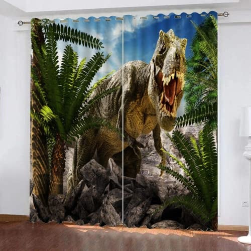 HABEAT 3D Dinosaurier Vorhang Abdunkelnde Retro Dino Polyester Vorhänge mit ösen 2er Set Gardinen Blickdicht Verdunkelungs Geräuschreduzierung für Schlafzimmer Wohnzimmer B 220 X H 215 cm