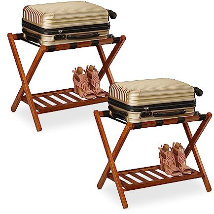 Relaxdays Porte-Bagages Pliables, Lot de 2, Bois, H x L x P : 54 x 66 x 45 cm, 2 étagères, Rangement pour hôtel, Nature