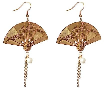 Funny Drop Earrings For Women Fan Shaped Chinese Style Earrings For Girls Sterling Silver Drop Earrings Characterful Dignified Earrings For Teen (Gold)