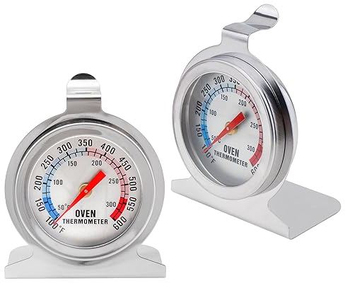 2 x Termometro da forno, termometro da cucina e cucina, gamma di temperatura 50 °C - 300 °C /100 – 600 °C, visualizzazione facile da leggere, angolo di vista regolabile, acciaio inox/lente di vetro
