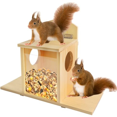 Suewidfay Eichhörnchen Futterstation mit aufklappbarem Deckel, hölzerne Eichhörnchen Haus für den Wintergarten im Freien, den Außenbereich und den Hinterhof