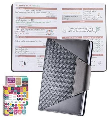 Studienplaner, A5 Kalender Wochenplaner, PU Cover Schulplaner Schüler Kalender, Wochenplaner für Oberstufe, Ausbildung, Studium (Grau)