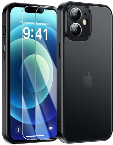 FLLAO Coque Compatible avec iPhone 12 Mini et 2 Pièces Verre Trempé, Protection Antichoc Qualité Militaire, Anti-Jaunissement étui de Housse Arrière Translucide Givrée. (Noir)