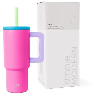 Simple Modern Thermobecher mit Silikonstrohhalm und Griff | Isolierter Edelstahl-Trinkbecher Eiskaffee-Reisebecher | Trek | 710ml | 80s Mix