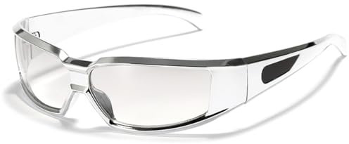 HCHES Lunettes de Soleil de Sport Hommes Punk Lunettes Dégradées Lunettes Coupe-Vent Femmes Argent Mirro Lentille, Argent Argent, Taille Unique