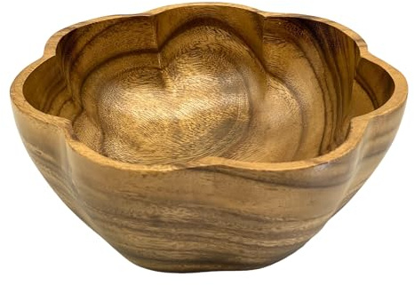 WRIGHTMART Round Wooden Serving Bowl, for Food, Salad, Fruit, Decorative Display, Hand Carved Acacia, Unique Scallop Shape, for the Dining Table and Kitchen, 10 x 4.5