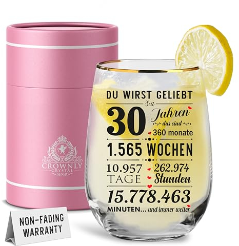 CROWNLY CRYSTAL® Personalisiertes Glas 30. Geburtstag – Geburtstagsgeschenk Frauen Männer – Kristall Cocktailglas Geschenkbox Handgefertigt
