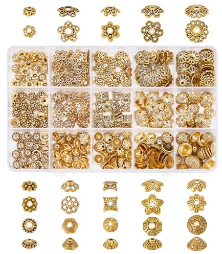 PH PandaHall 360 Stück Perlenkappen 15 Stile Blumen Perlenkappen Abstandshalter Legierung Perlenkappen Bails End Charm Kappen Abstandshalter Perlen Für Armbänder Halsketten Schmuckherstellung