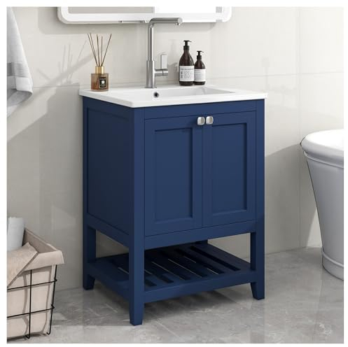 Racxily Mueble lavabo baño, mueble lavabo baño de suelo, 60 cm, con lavabo de cerámica, azul marino
