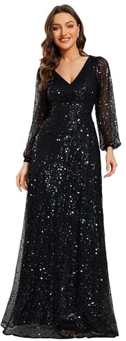 Ever-Pretty Women's Sequin A-Line V Neck Long Sheer Sleeves Tulle Evening Prom Dresses Black 16UK