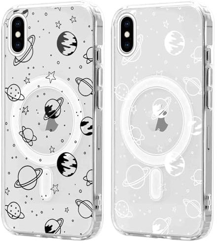 Xylota 2 Stück Magnetisch Hülle für iPhone XS Max 6,5 '' [Kompatibel mit MagSafe], Planet Sterne Muster Mädchen Aesthetic Design Klare Handyhülle, Stoßfeste Transparent Schutzhülle für iPhone XS Max