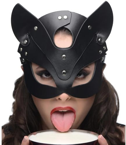 Moinha Katzenmaske Sexy PU Leder BDSM Fuchs Masken Damen Maskerade Bondage Maske Catwoman Maske Damen Katze Mask Halbgesichtsmaske Maskenball Augenmaske Adult Sex Produkte SM Sexspielzeug (Schwarz)