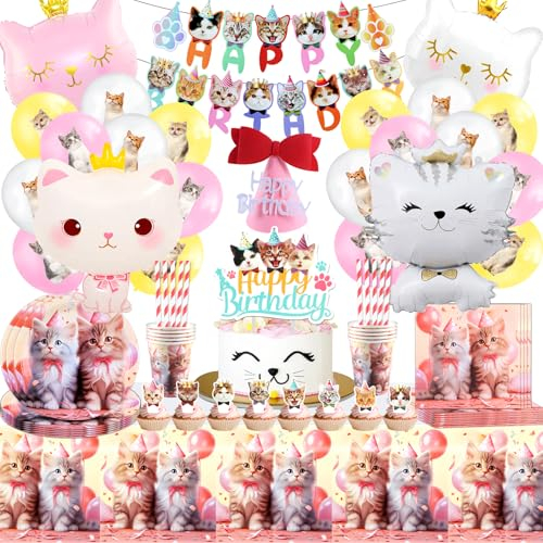 Gato Cumpleaños Decoracion,Gatitos Cumpleaños Globos 103 Piezas,Gato Fiesta Vajilla Set con Platos Mantel Tazas Pancarta,Gatos Temá Cumpleaños Suministros para Infantil