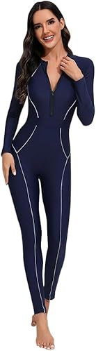 LLECDASEUI Mujer Con cremallera De una pieza Bañador de cuerpo entero Manga larga Pantalones largos Lycra con sujetador incorporado Bañador (S,Azul marino)