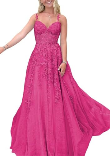 Pizzo Appliques Prom Dresses Tulle Principessa Abito da damigella d'onore Spaghetti Cinghie Formale Sera Party Ball Gown, Fucsia, 64 Più