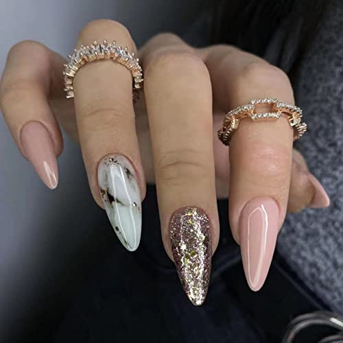 JUSTOTRY 24 Pcs Marble Almond Press on Nails Designs,White and Pink French False Nails Short,Pretty Glitter Stick on Nails for Women,Medium Oval Fake Nail for Nail Art