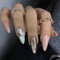 JUSTOTRY 24 Pcs Marble Almond Press on Nails Designs,White and Pink French False Nails Short,Pretty Glitter Stick on Nails for Women,Medium Oval Fake Nail for Nail Art