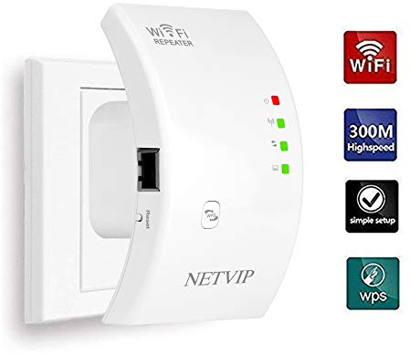 NETVIP Répéteur WiFi Amplificateur WiFi Puissant N300,2.4GHz WiFi Repeteur avec 1 Port Ethernet,Intégrées Norme IEEE 802.11 b/g/n,Compatible avec Tous Les Routeurs,Facile à Installation