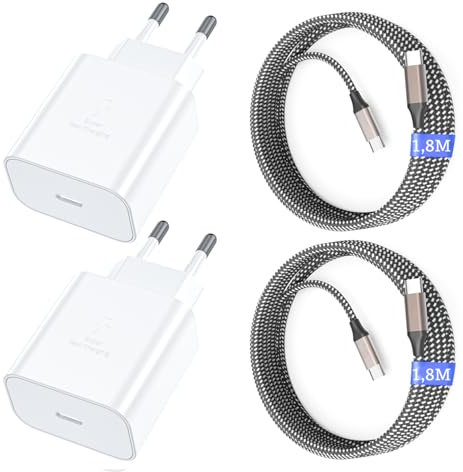 USB C Ladegerät 25W, USB C Ladekabel, 2er Pack Schnellladegerät mit 1,8M Nylon Ladekabel, Super Fast Charger für Samsung Galaxy S25 S24 S23 S22 S21 Ultra/Note/tab (Weiß, Câble Nylon - 1,8M)