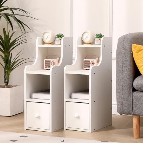 Rainbow Tree Narrow Bedside Table White with Drawer&Open Shelf, Slim Table Cabinet 20cm for Small Space, Nightstand End Side Table for Bedroom (Whitex2, 20Wx30Dx60H cm)